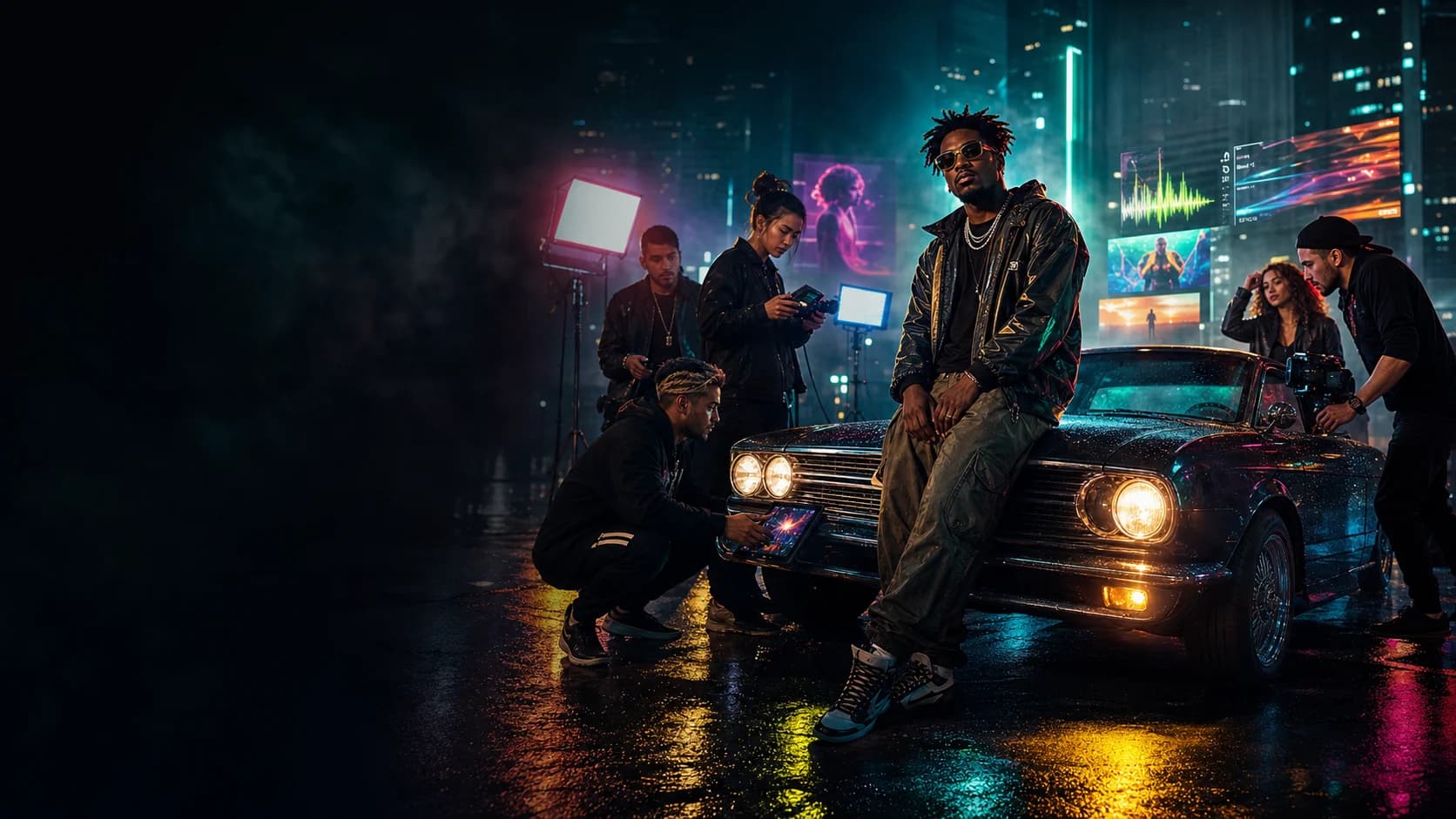 A diverse creator crew filming a cinematic campaign beside a neon-lit car