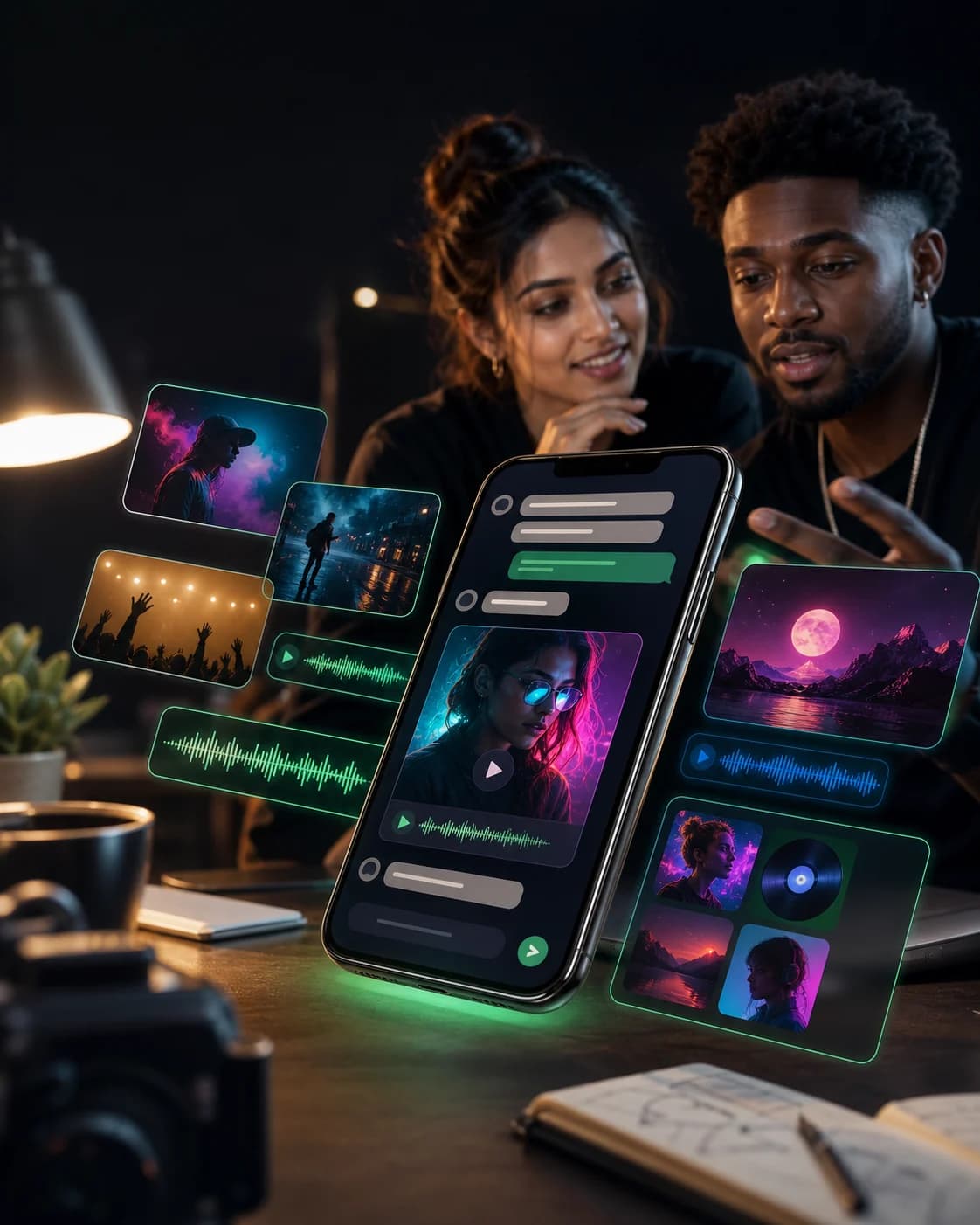 Creators reviewing generated visual options from a phone chat workflow